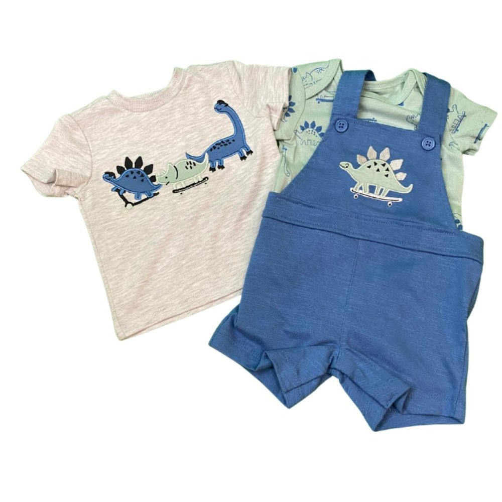 Pekkle Baby Toddler 3-Piece Outfit Set | Dinosaur Overall Bodysuit & T-Shirt